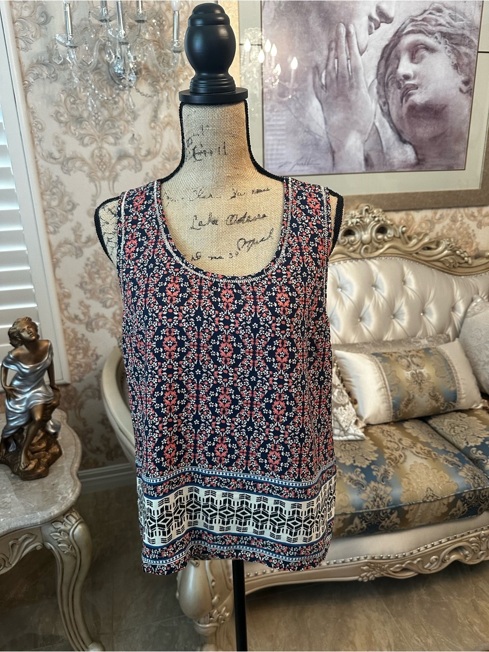 Skies Are Blue Navy and Coral Printed Sleeveless Tank